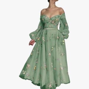 Elegant Green Floral Off-Shoulder Dress